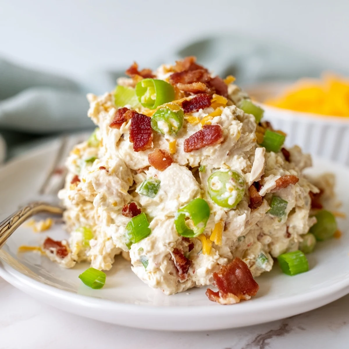 Spoonful of spicy low-carb chicken salad with cheddar cheese and fresh jalapeno pieces