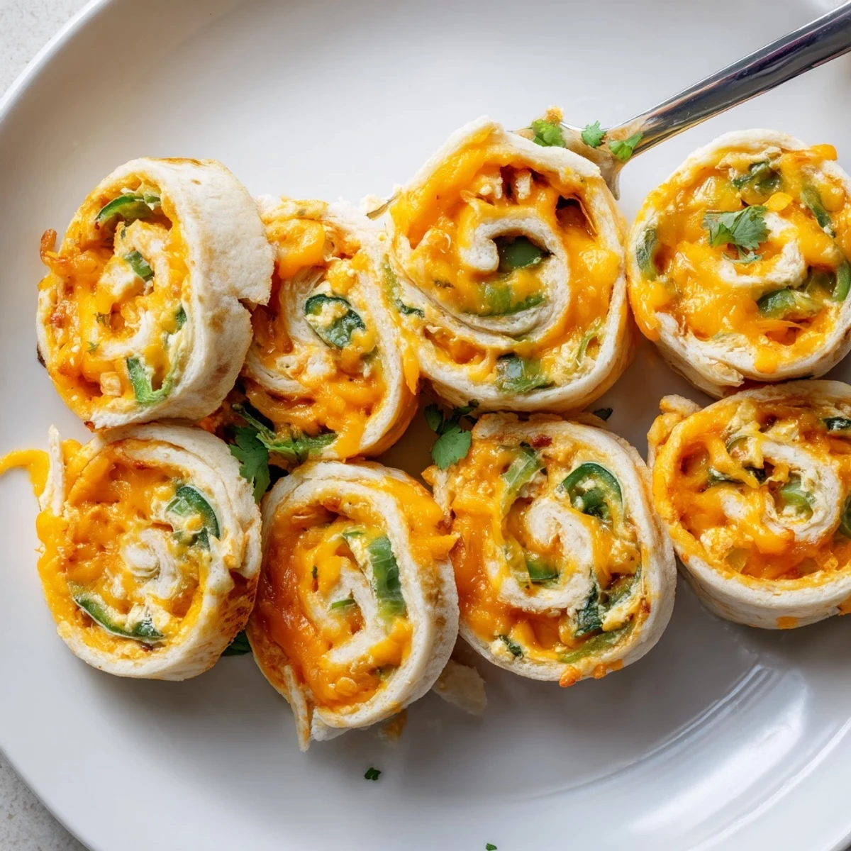 Close-up of spiral-shaped jalapeño popper pinwheels showing creamy cheese filling and green jalapeño bits