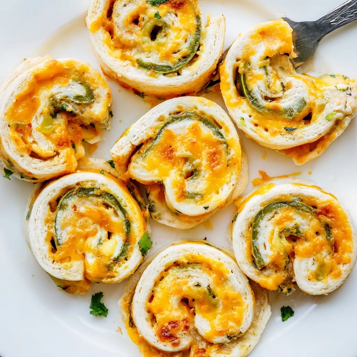 Golden baked jalapeño popper pinwheels arranged on a white serving platter with fresh cilantro garnish
