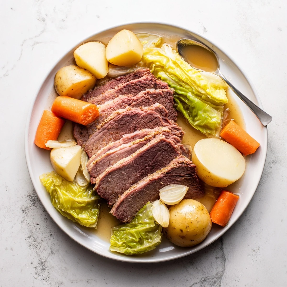 Sliced corned beef brisket alongside carrots, potatoes, and cabbage in a rich beef broth bowl