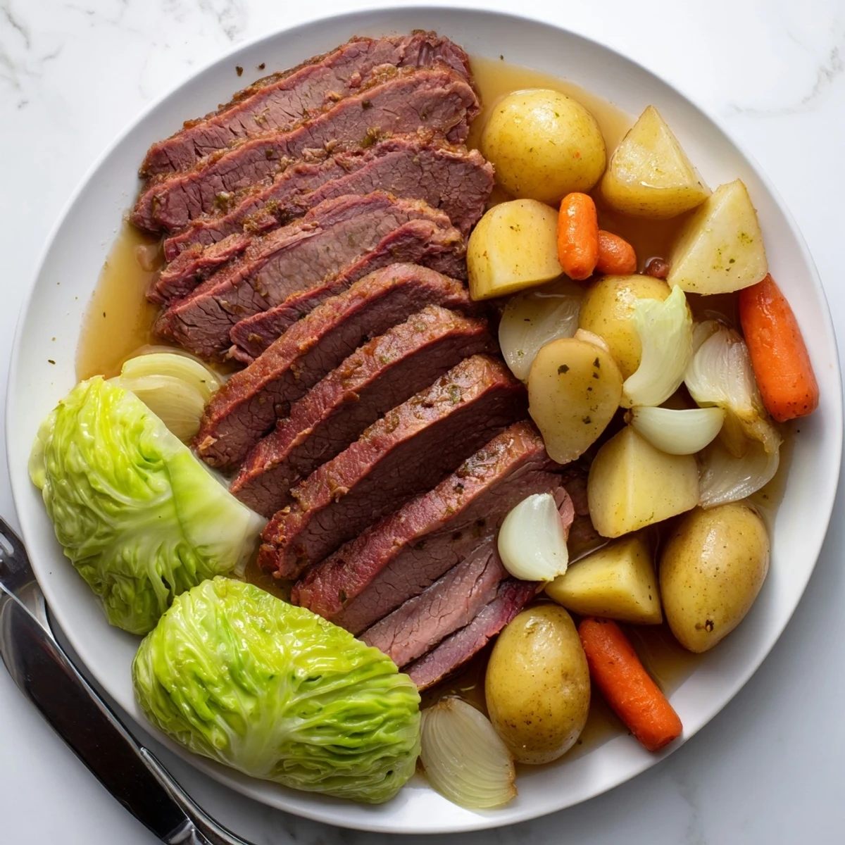 Tender slow cooker corned beef with cabbage wedges and colorful vegetables on a white serving platter