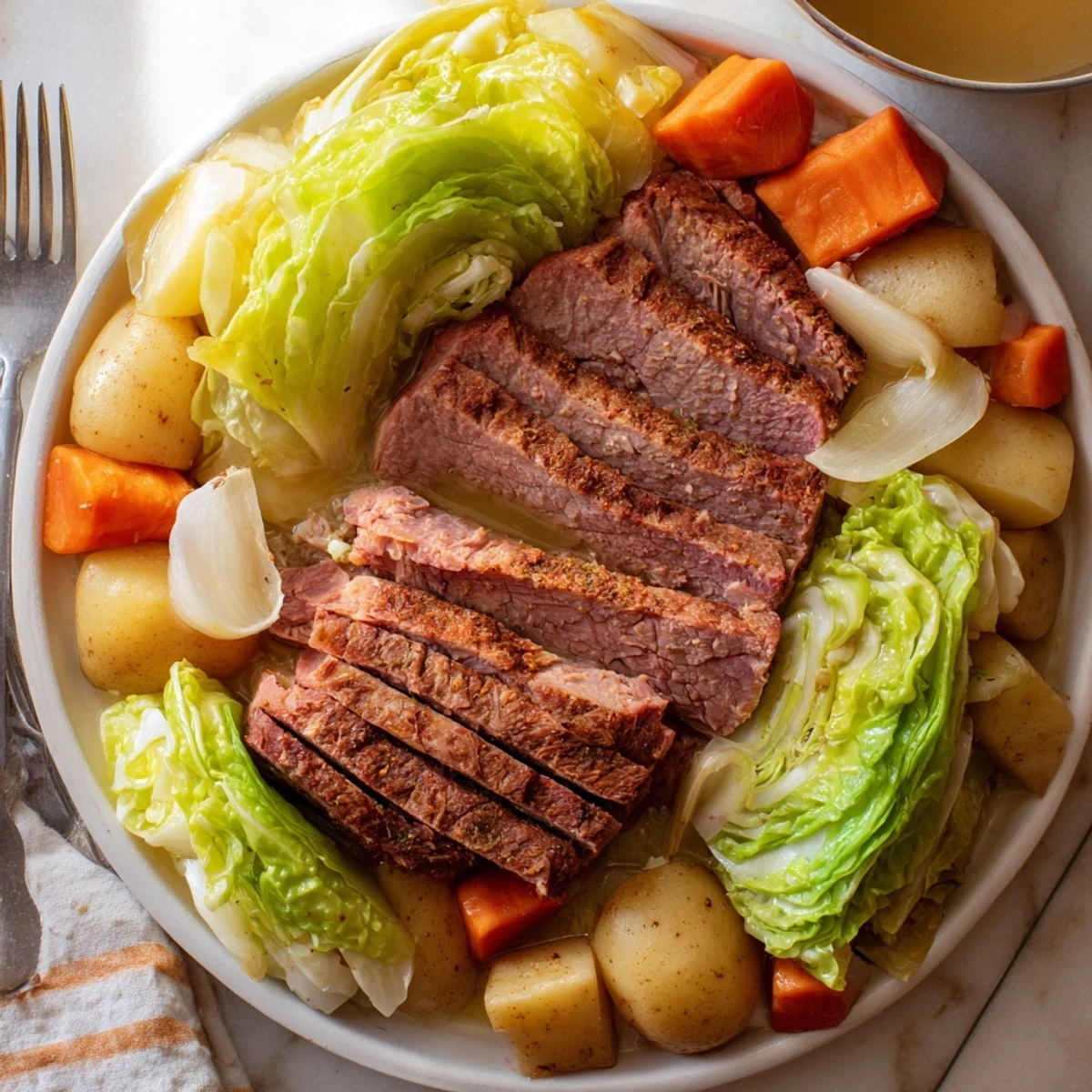 Hearty corned beef and cabbage dinner served with crusty bread and mustard on a wooden table
