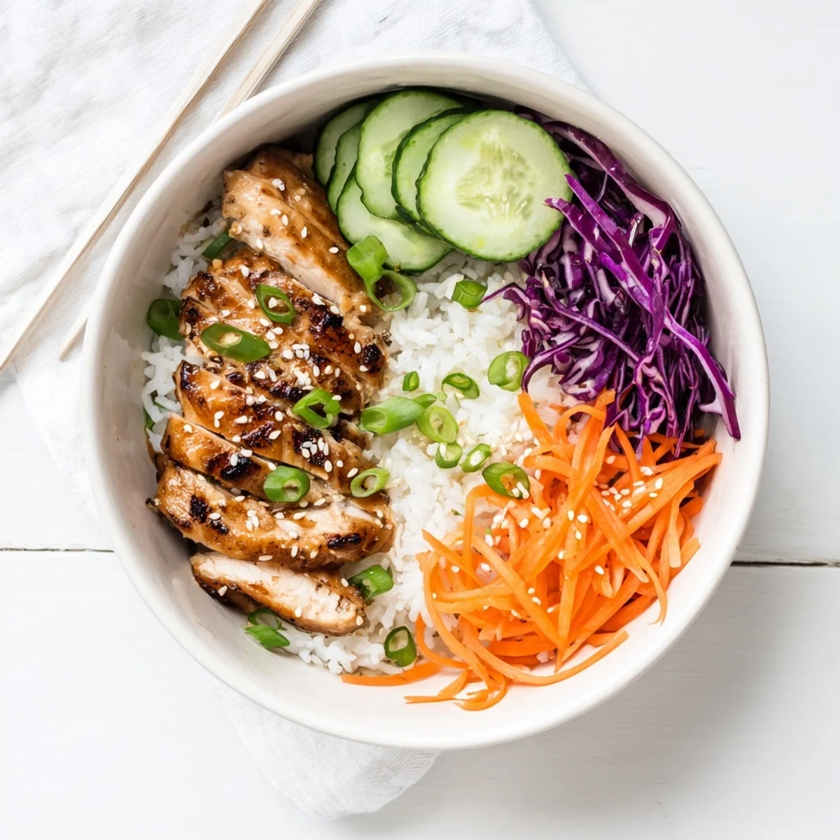 Golden glazed chicken thighs atop fluffy rice with vibrant purple cabbage and crisp cucumber slices in Korean BBQ chicken bowls