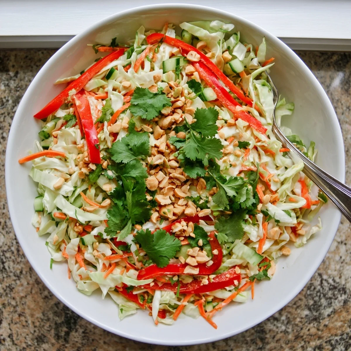 Fresh Thai peanut salad featuring shredded cabbage carrots and cucumber coated in rich tangy dressing