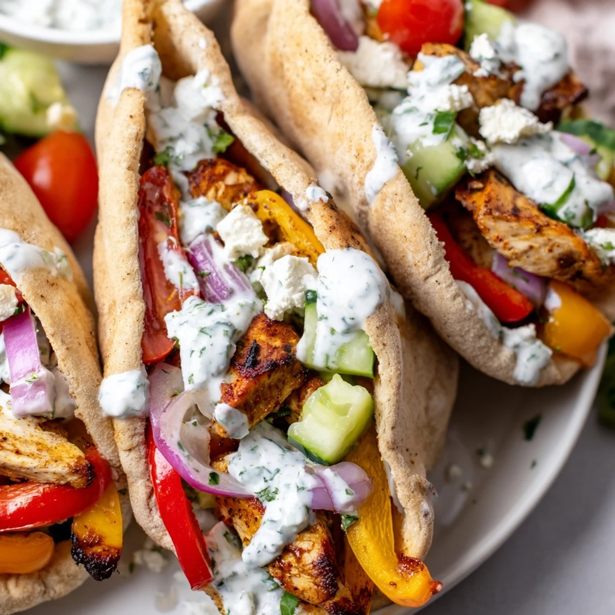 Vibrant sheet pan chicken pitas loaded with peppers, onions, and tangy homemade ranch for an easy dinner