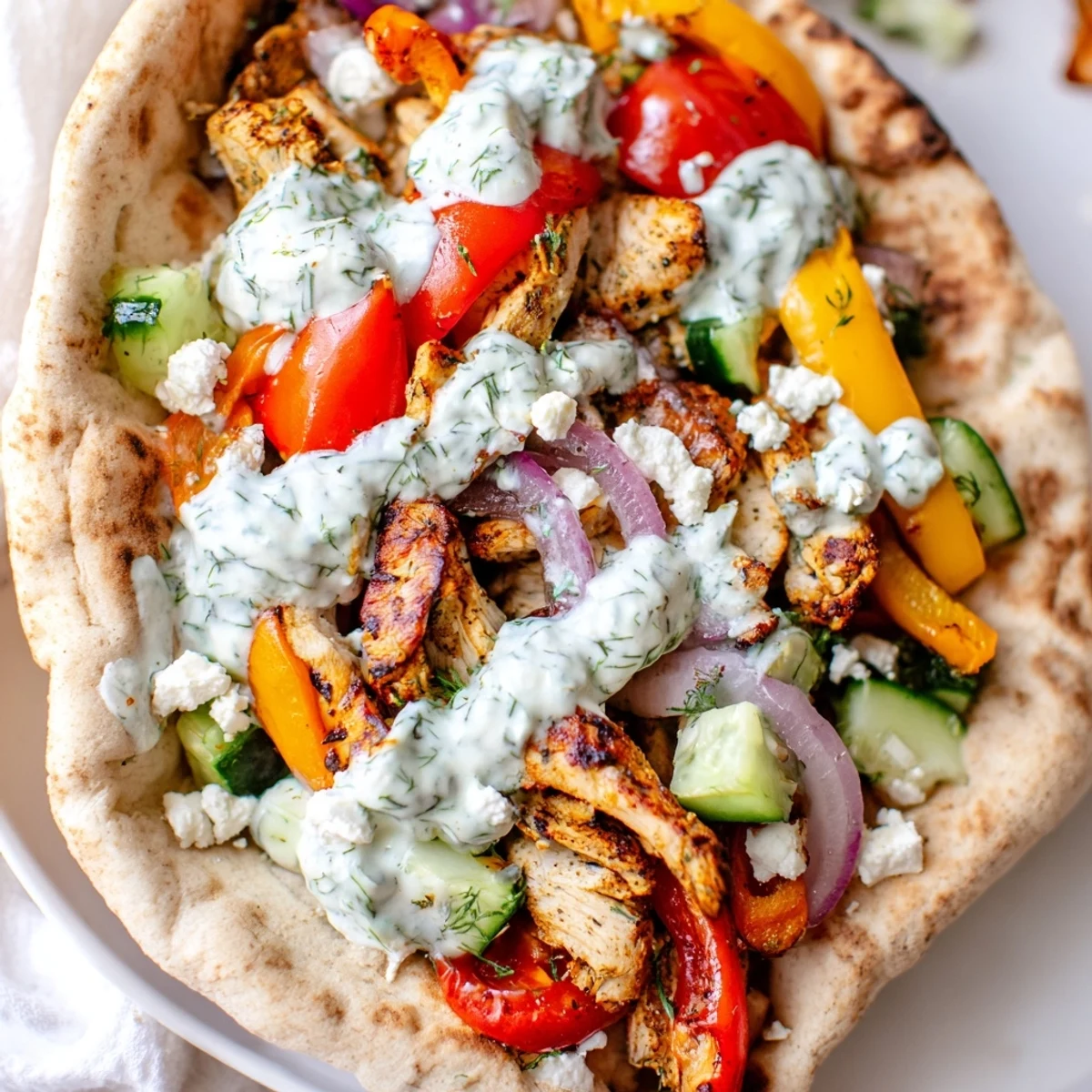 Golden roasted chicken and colorful vegetables stuffed into warm pita breads drizzled with creamy herby ranch sauce