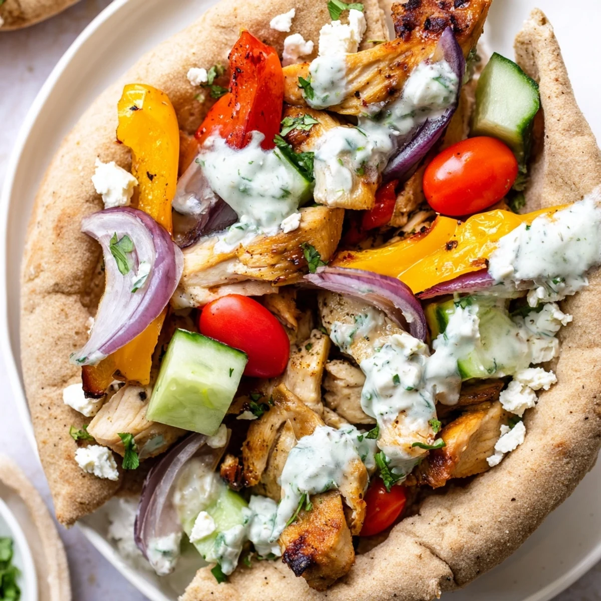 Mediterranean-style chicken and roasted veggies nestled in soft pita pockets topped with fresh herb ranch dressing
