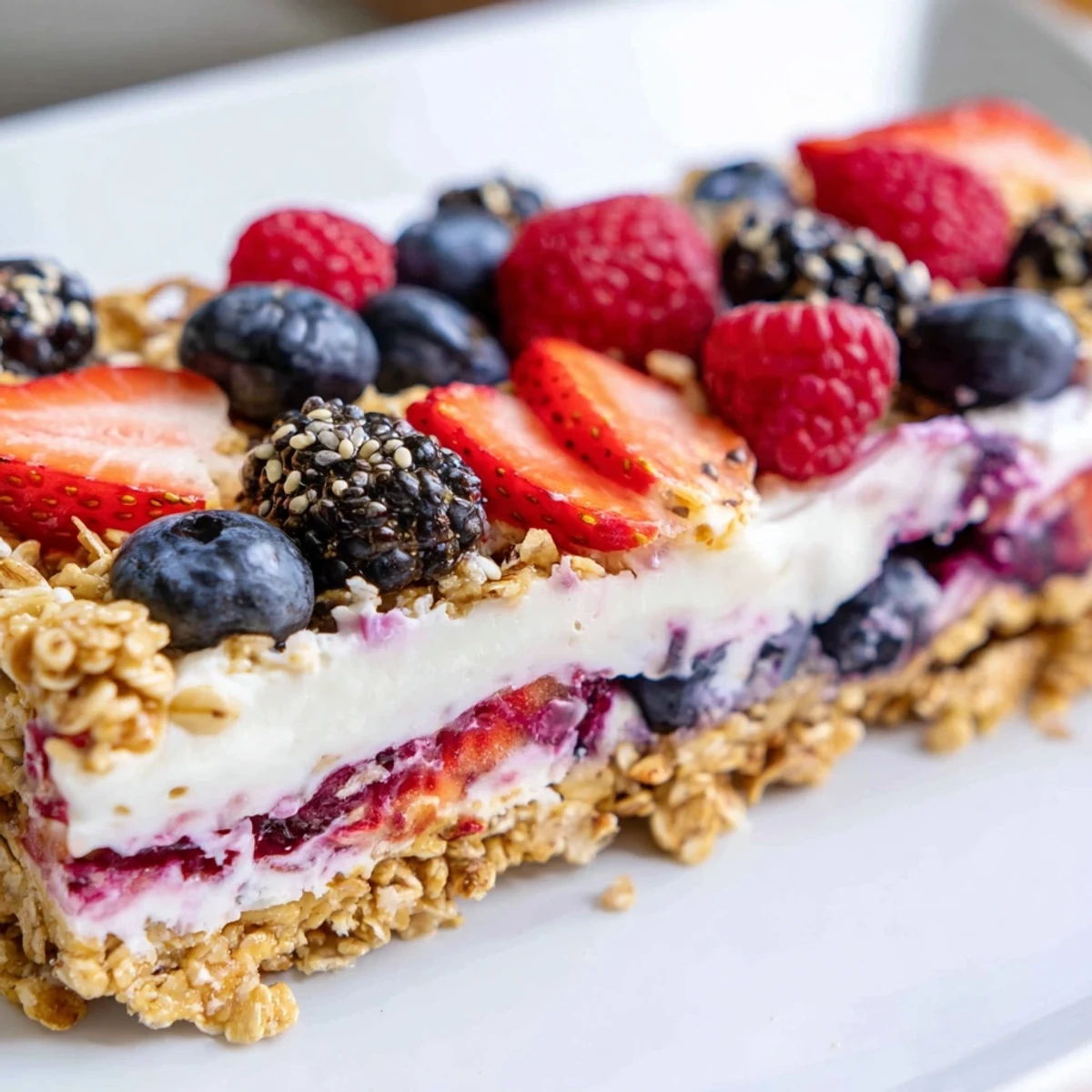 Homemade no bake frozen yogurt berry granola bars layered with colorful fresh fruit on a wooden cutting board