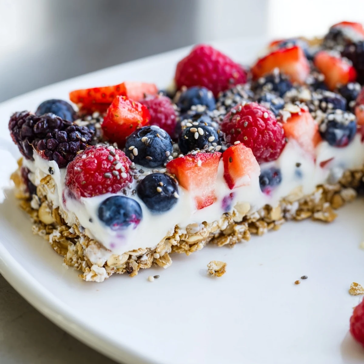 Creamy Greek yogurt no bake frozen yogurt berry granola bars topped with raspberries and blueberries in a white square pan