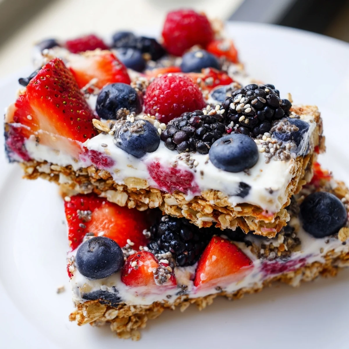 Sliced no bake frozen yogurt berry granola bars showing crunchy granola base and vibrant berry swirls on parchment paper