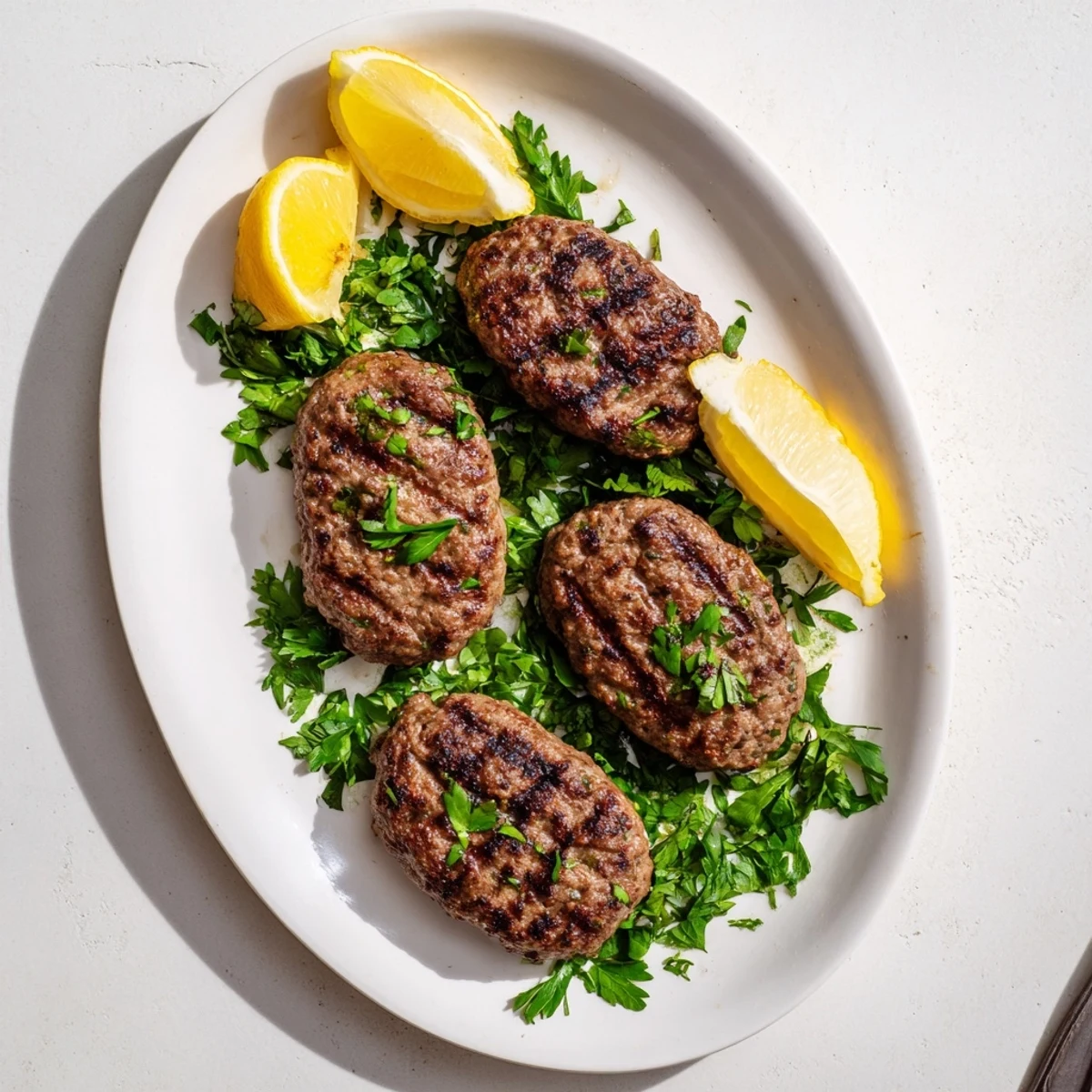Golden grilled Lebanese kafta skewers garnished with fresh parsley and served with lemon wedges
