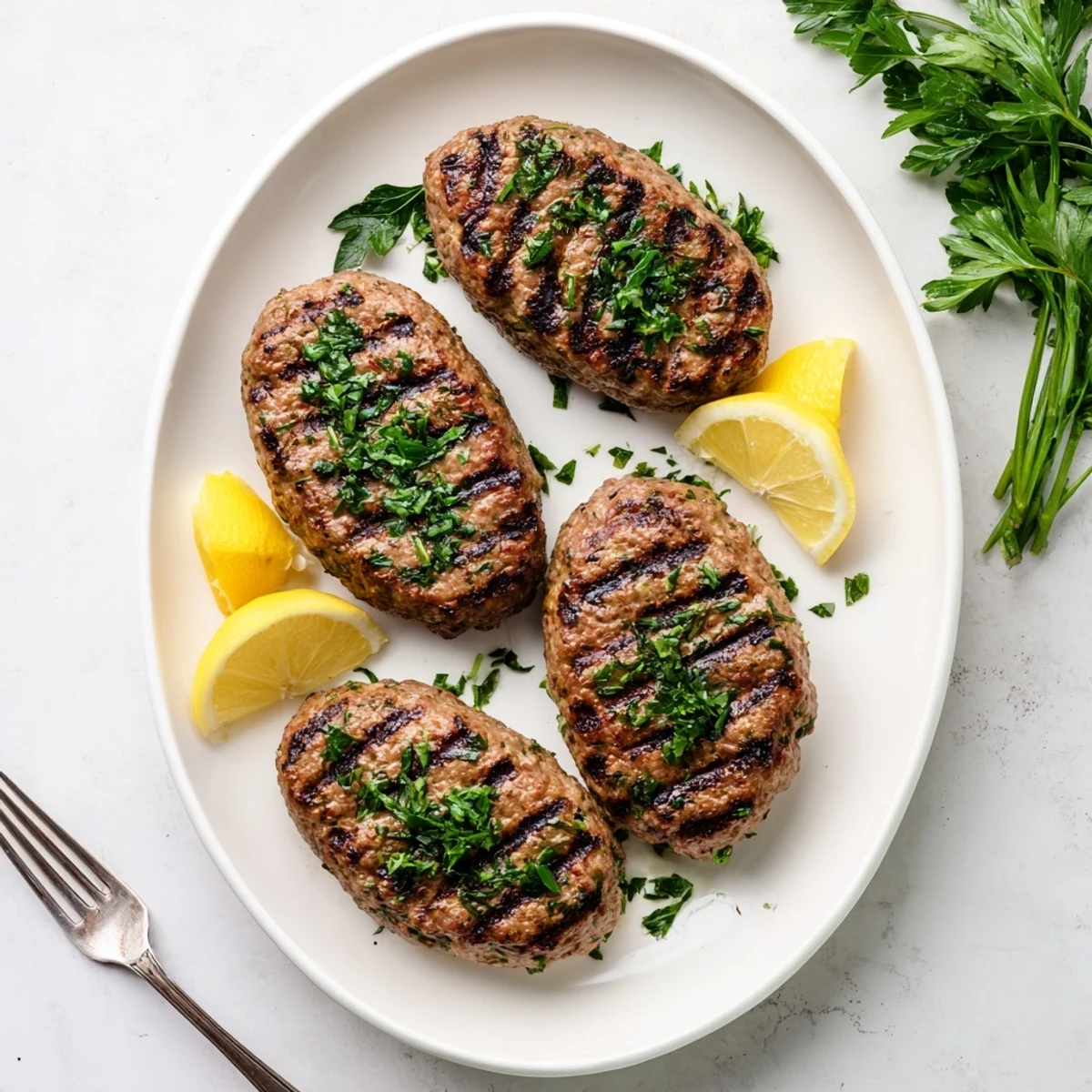 Easy Lebanese kafta recipe featuring oval shaped ground meat patties cooked to perfect char
