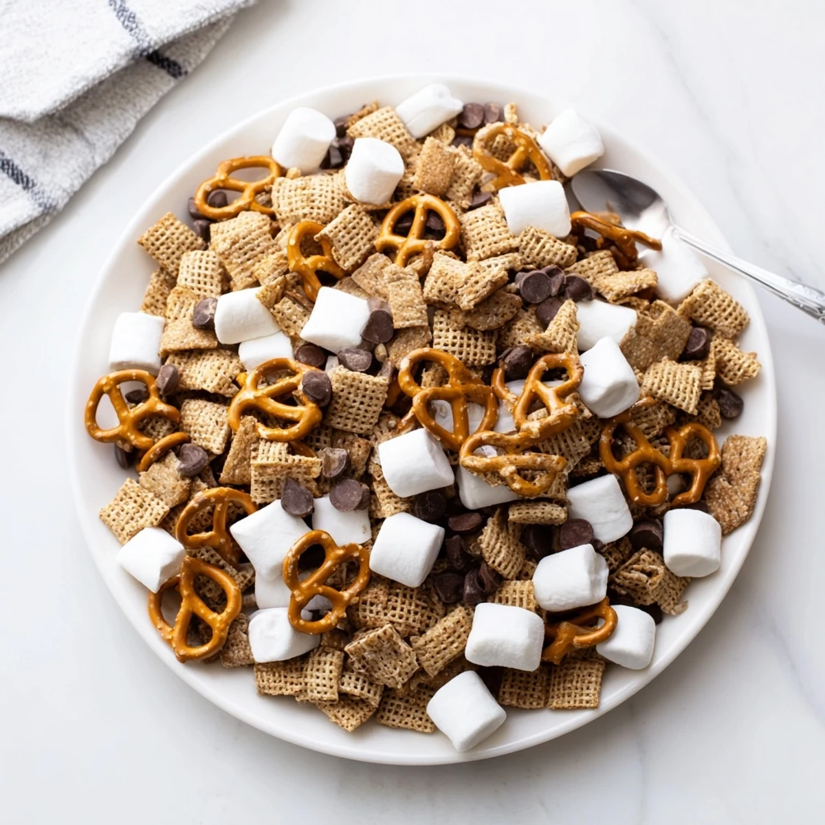 Golden bowl filled with s'mores snack mix featuring chocolate chips, marshmallows, and crunchy pretzels