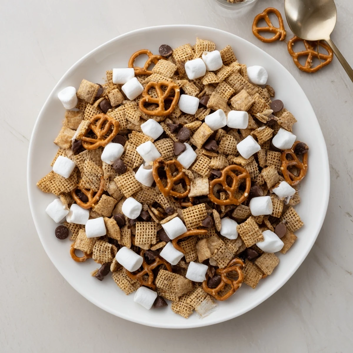 Homemade s'mores snack recipe displayed in a white bowl with graham cereal and melted chocolate