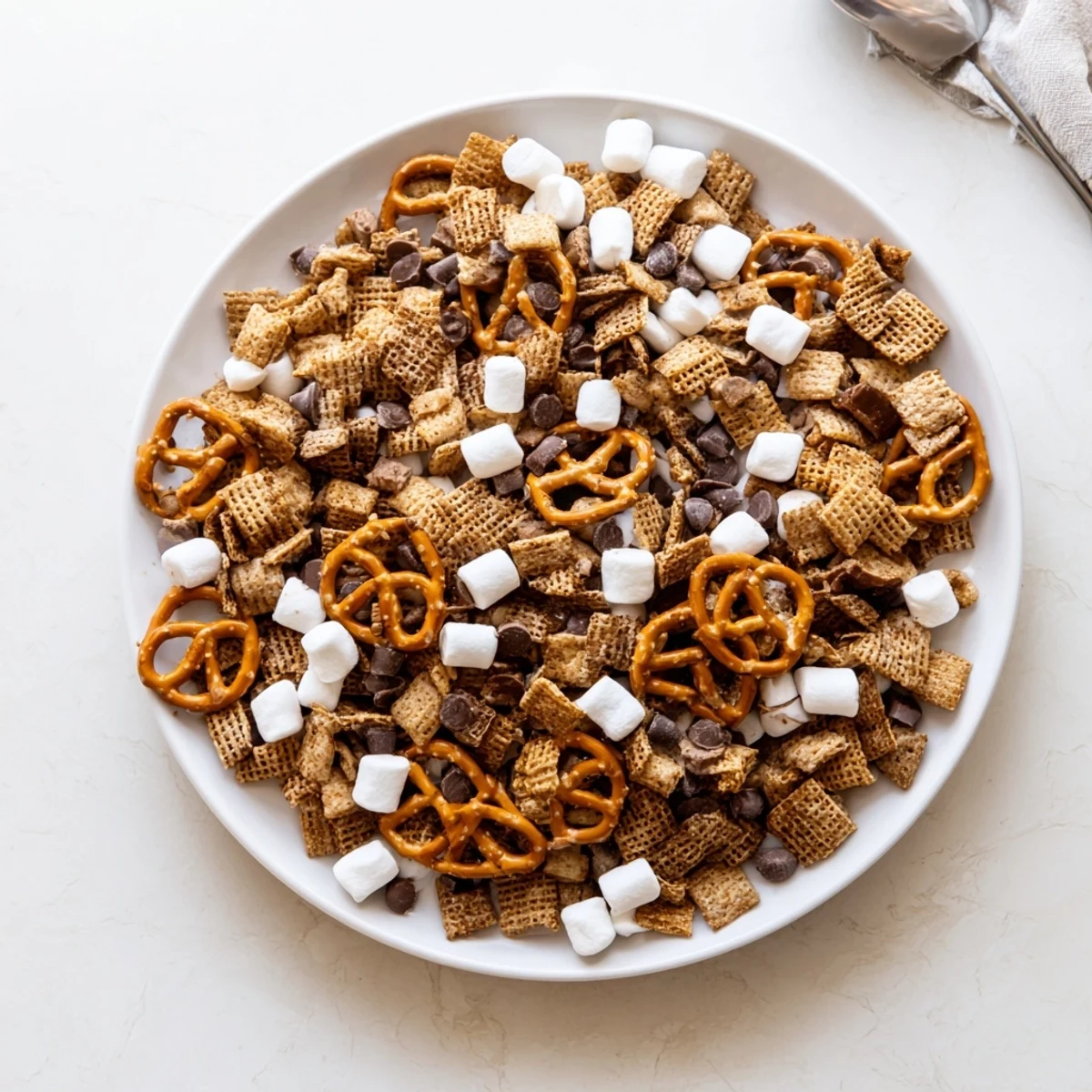Sweet and salty s'mores snack mix ready for serving with mini marshmallows and milk chocolate chunks