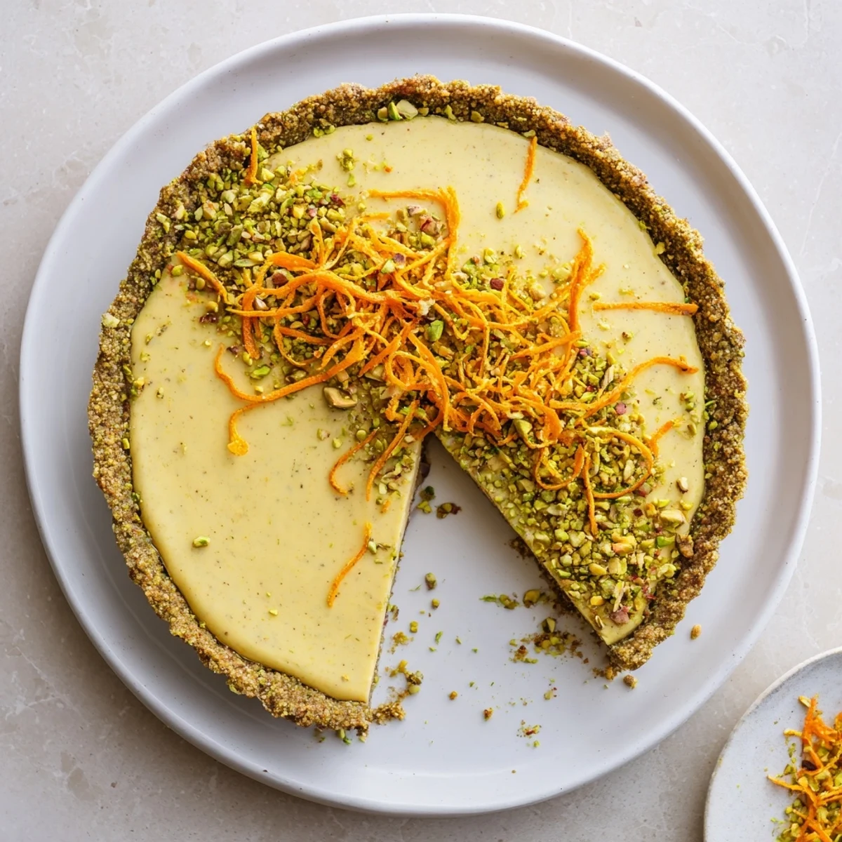 Golden orange cardamom tart with vibrant pistachio crust garnished with chopped nuts and fresh orange zest