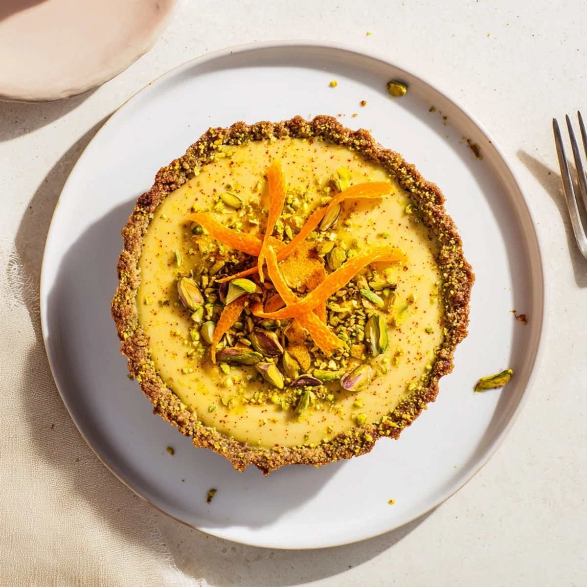 Elegant whole orange cardamom tart with nutty pistachio crust and decorative citrus zest strips