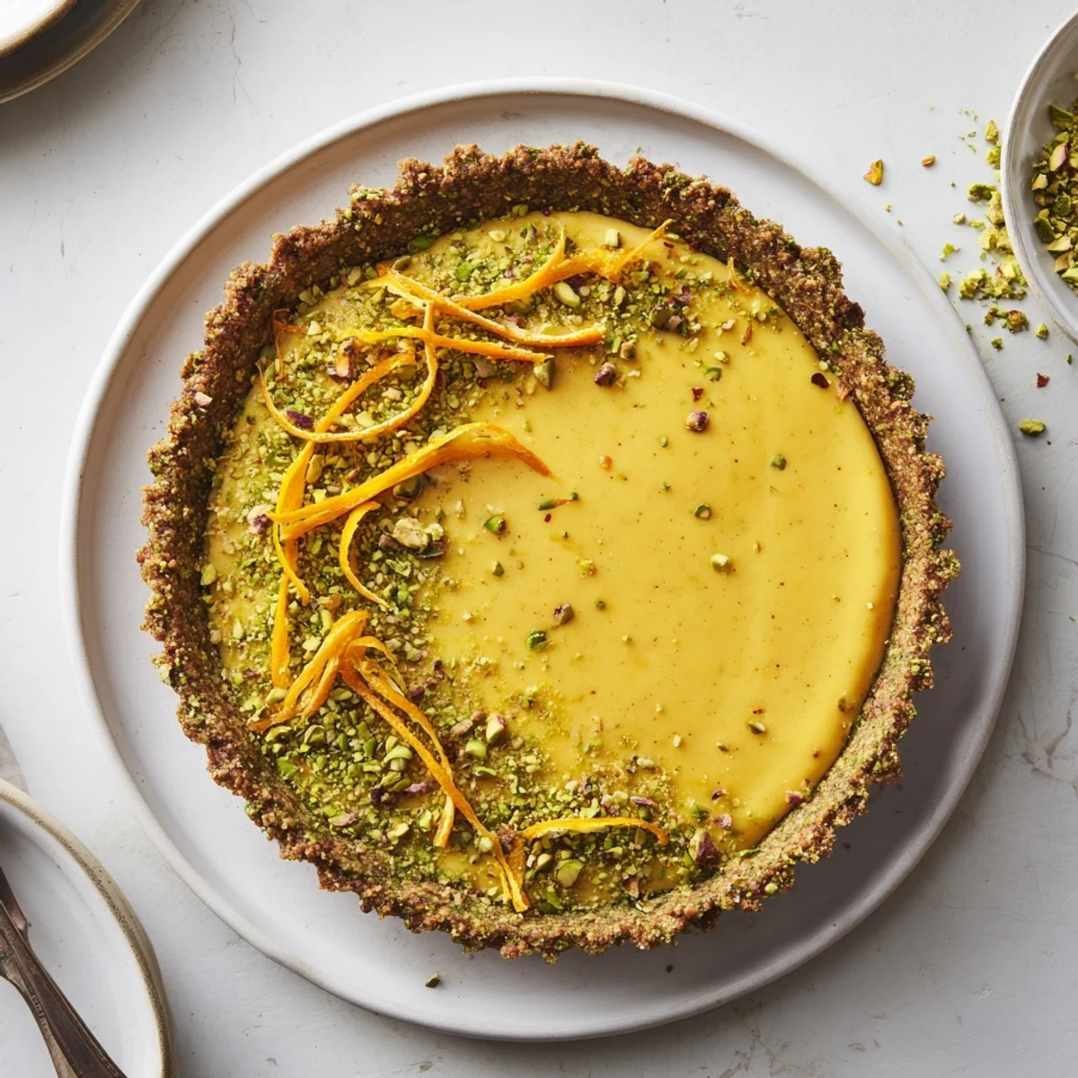 Creamy orange cardamom tart slice on a white plate featuring flaky green pistachio pastry base
