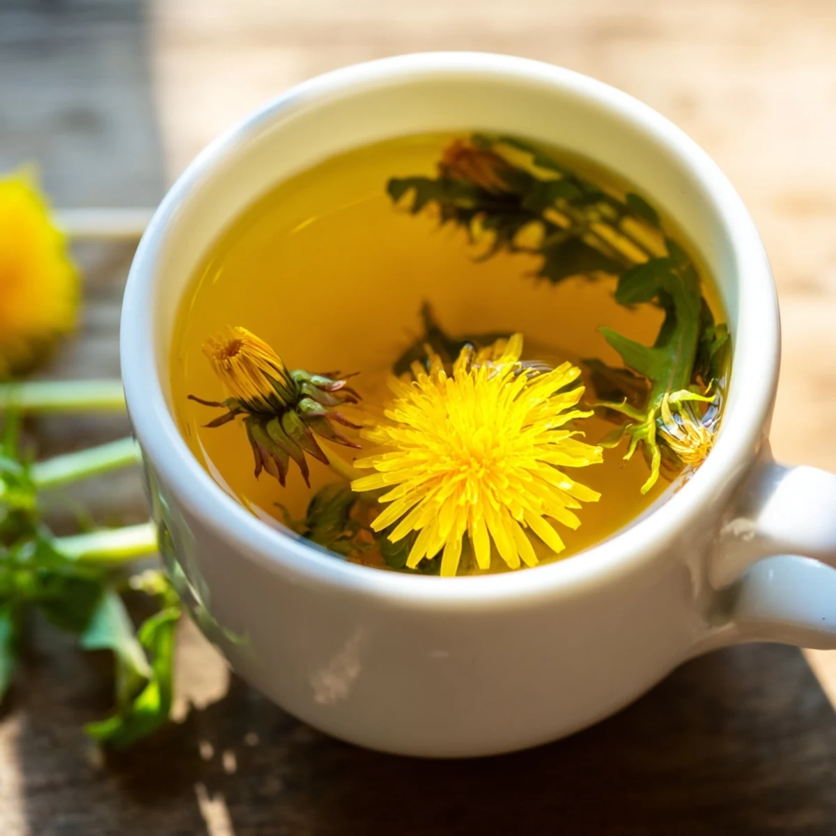 Golden dandelion tea steaming in a white ceramic cup with fresh petals floating on top