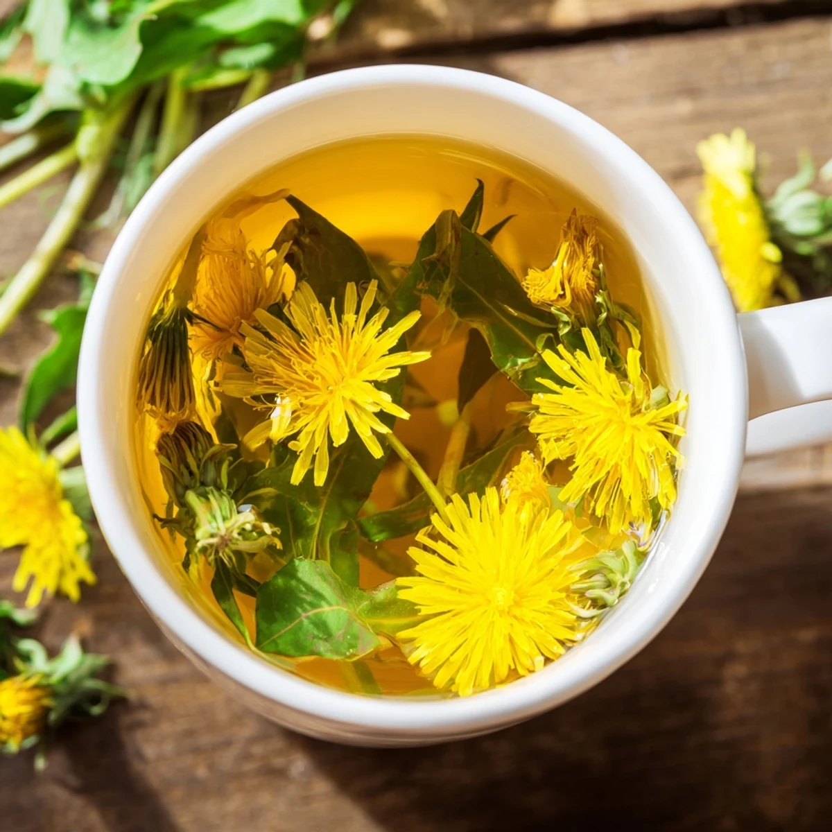 Clear glass mug showcasing light amber dandelion tea infusion with vibrant green leaf garnish