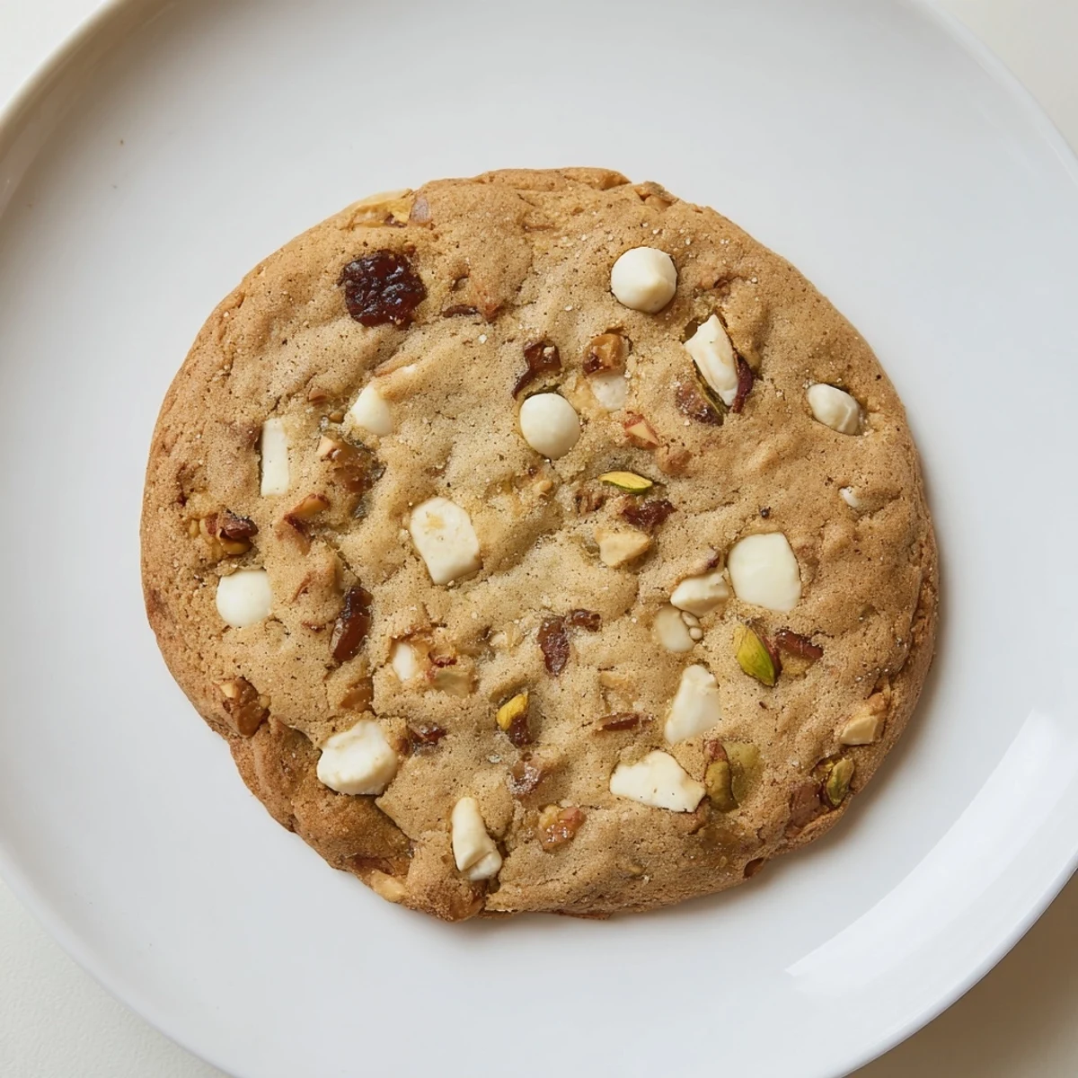 Golden Dubai chewy cookies studded with chopped dates and roasted pistachios on a white plate