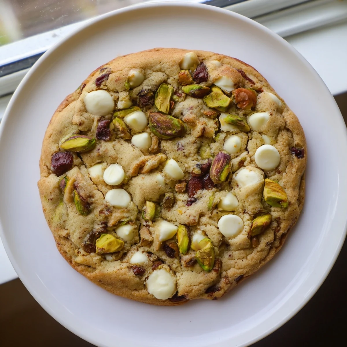 Chewy Dubai cookie displaying soft texture with green pistachios and sweet date pieces throughout