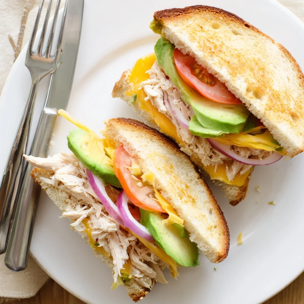 Golden chicken avocado melt sandwich with melted cheese on toasted sourdough bread