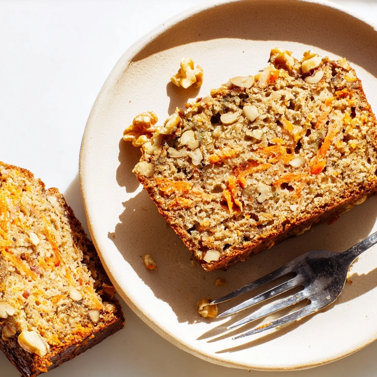 Moist carrot cake banana bread loaf sliced on a wooden cutting board with visible grated carrots and walnuts