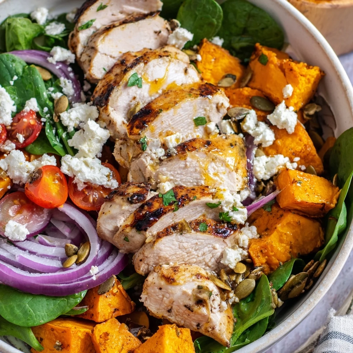 Golden glazed maple Dijon chicken breast slices atop roasted sweet potato cubes with fresh spinach and cherry tomatoes in a wholesome bowl