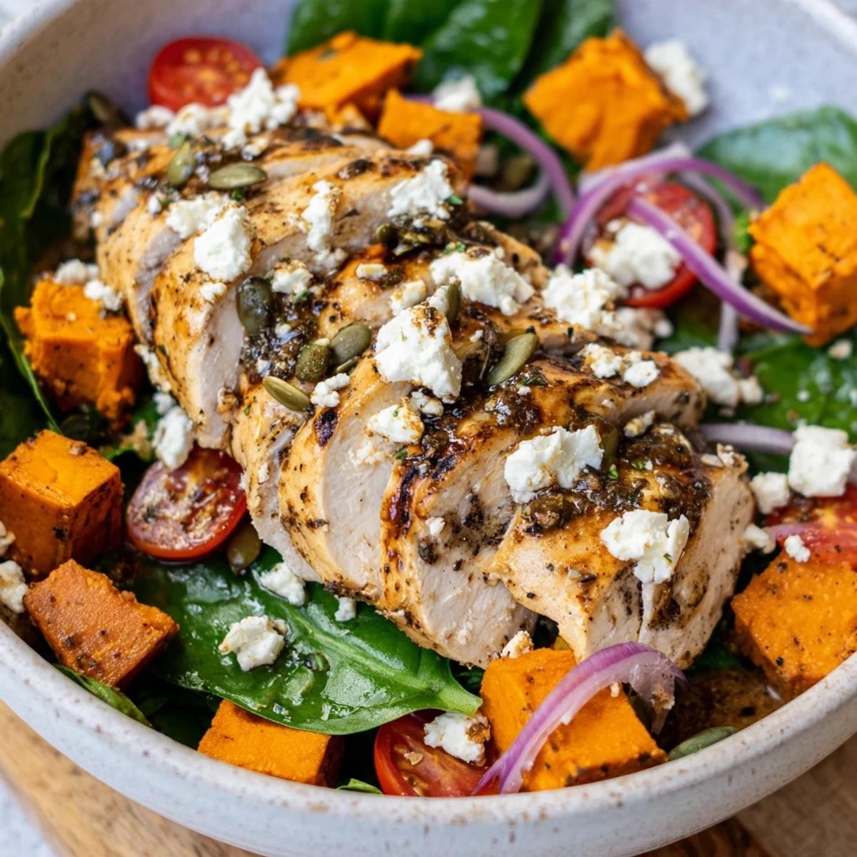 Juicy maple Dijon chicken arranged over caramelized sweet potatoes and crisp greens drizzled with tangy maple mustard dressing