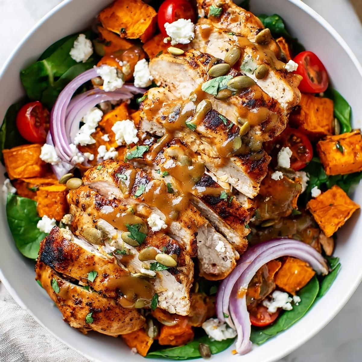 Complete meal prep bowl featuring seared maple Dijon chicken with roasted sweet potatoes and colorful vegetables ready for serving