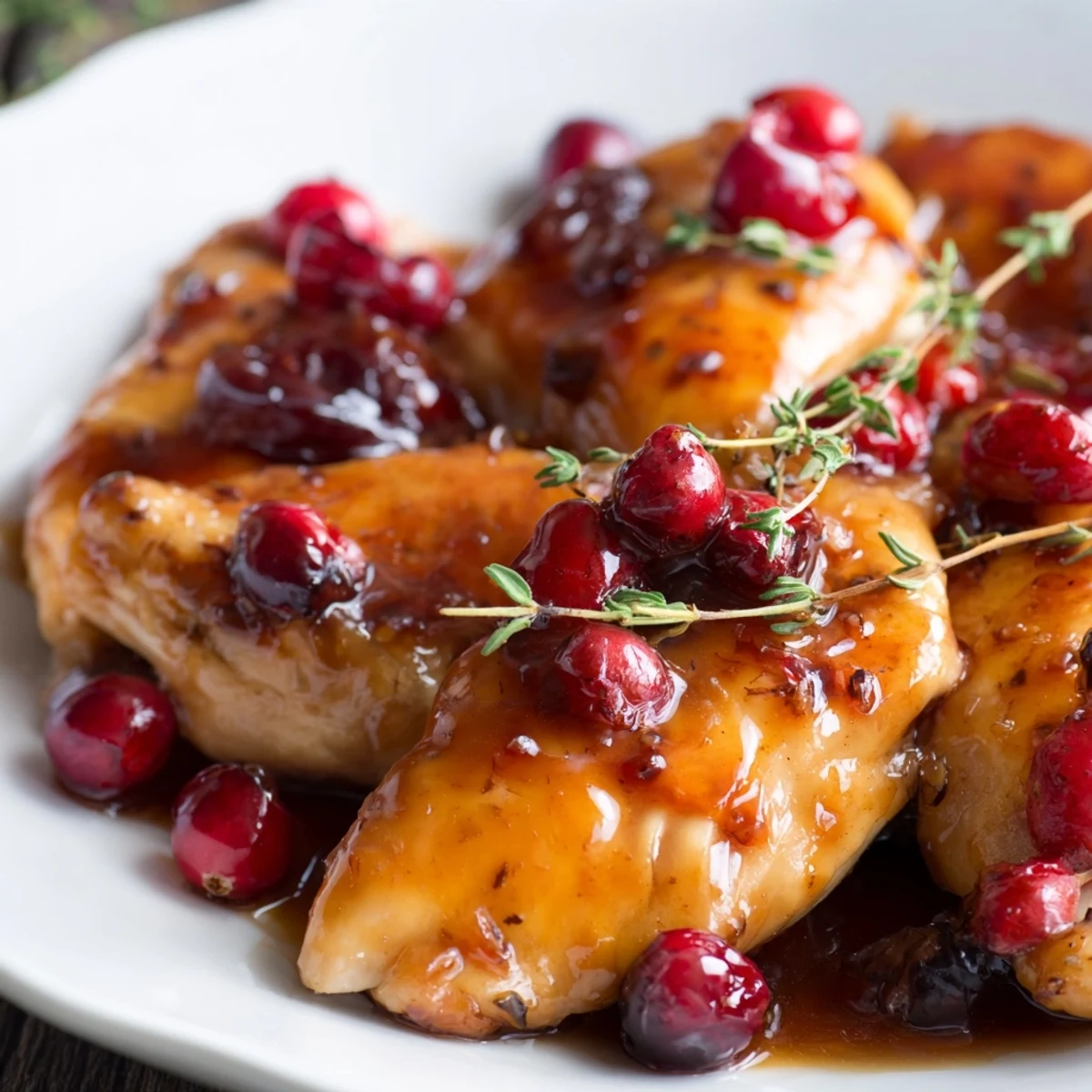 Golden glazed honey cranberry chicken breasts roasted with colorful Brussels sprouts, potatoes, carrots, and red onion on a single baking sheet