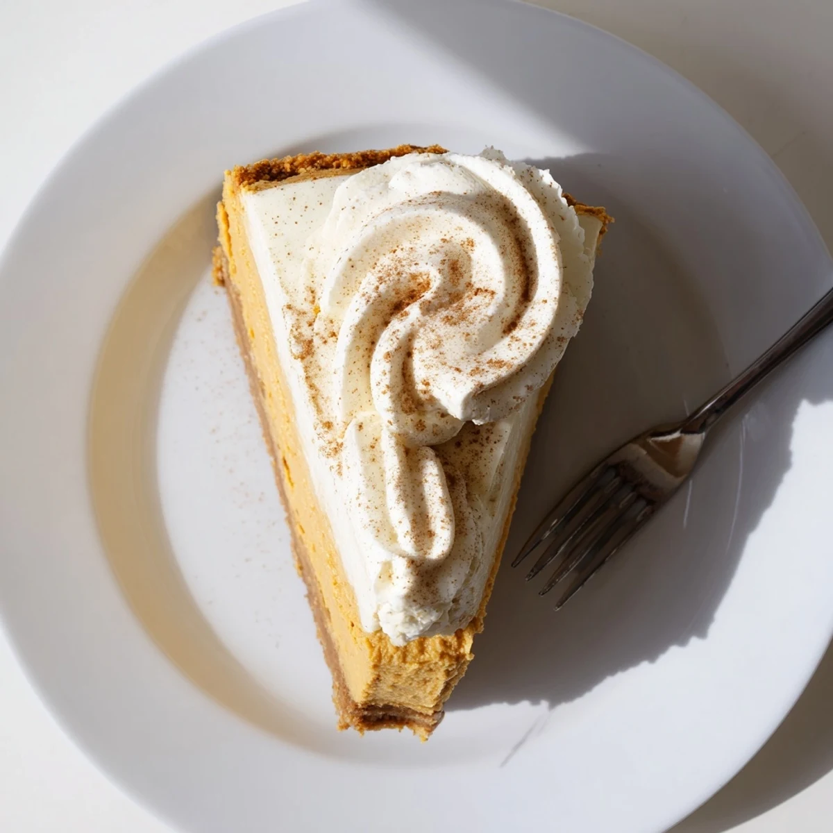 Creamy pumpkin spice Christmas cheesecake slice with whipped cream topping on cinnamon graham cracker crust
