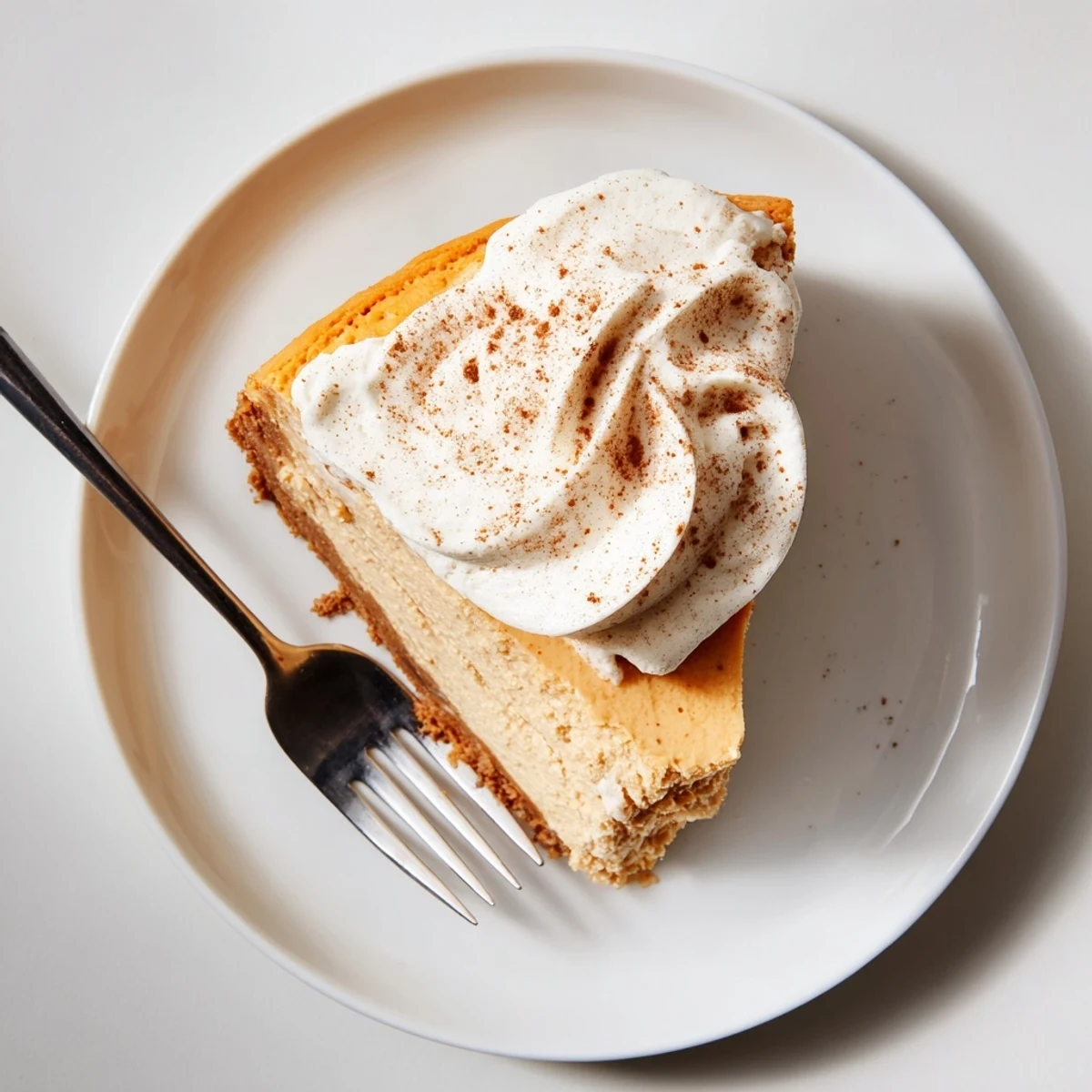 Holiday pumpkin spice cheesecake with smooth pumpkin filling and fluffy whipped cream garnish on a plate