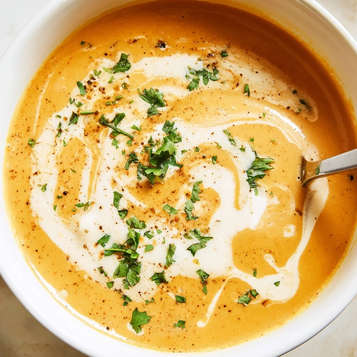 Creamy spicy apple soup garnished with fresh herbs and coconut cream swirl in a white bowl