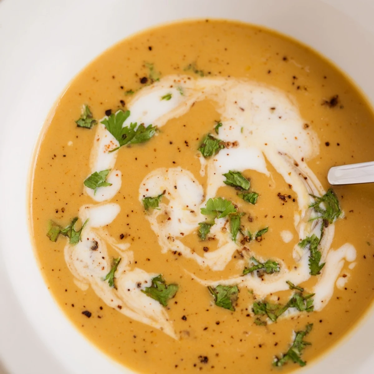 Golden spicy apple soup recipe ladled into rustic bowls with crusty bread on wooden table