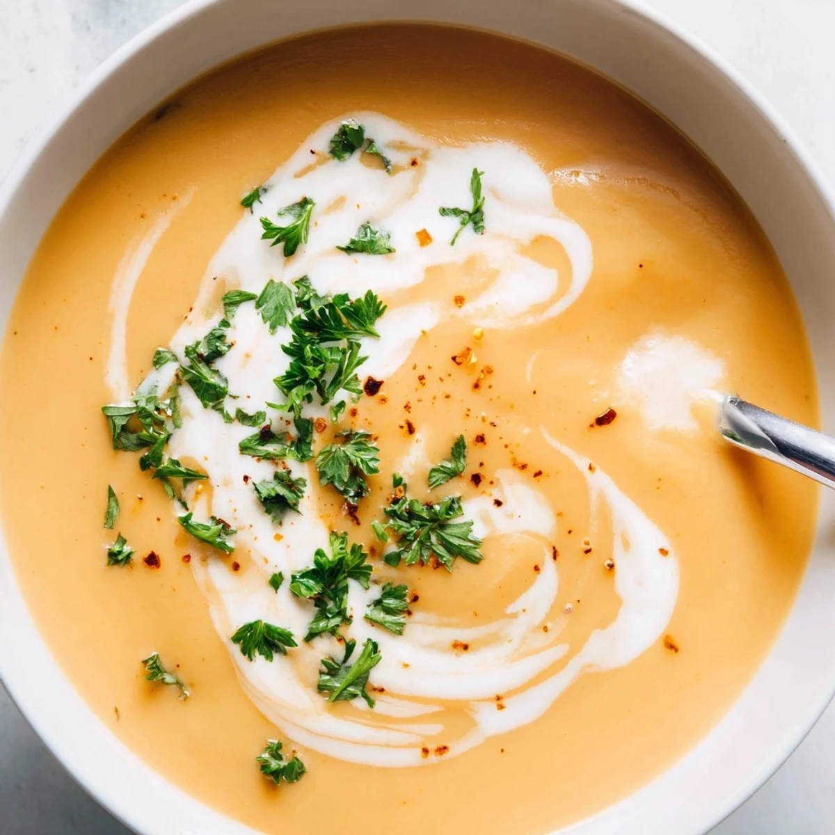 Velvety smooth spicy apple soup with coconut milk topped with chopped coriander and red chili