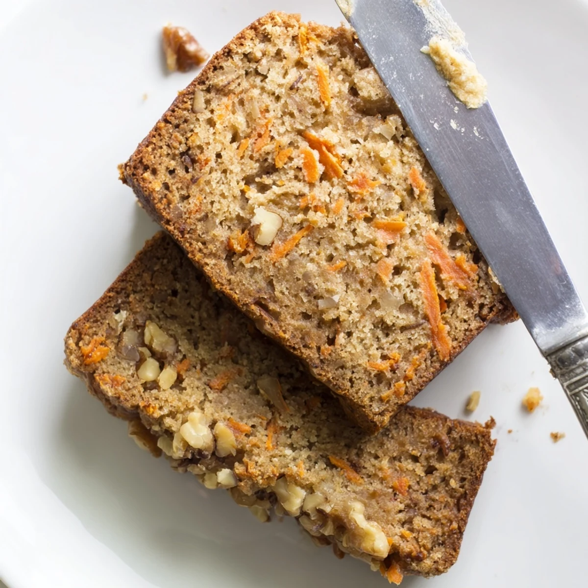 Thick slice of moist carrot cake banana bread revealing grated carrot texture and raisin bits throughout