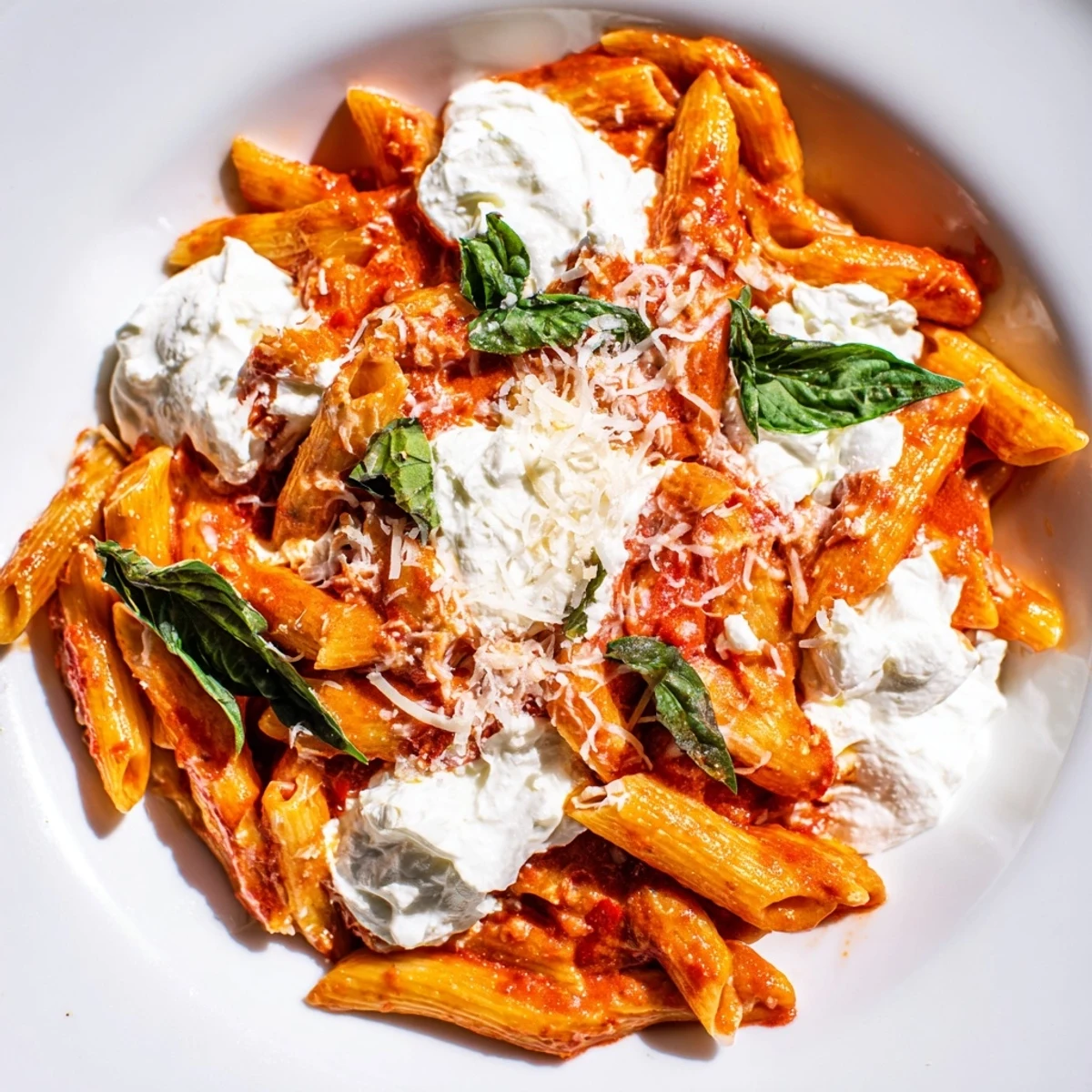 Tender penne pasta in vibrant tomato garlic sauce with creamy ricotta swirls