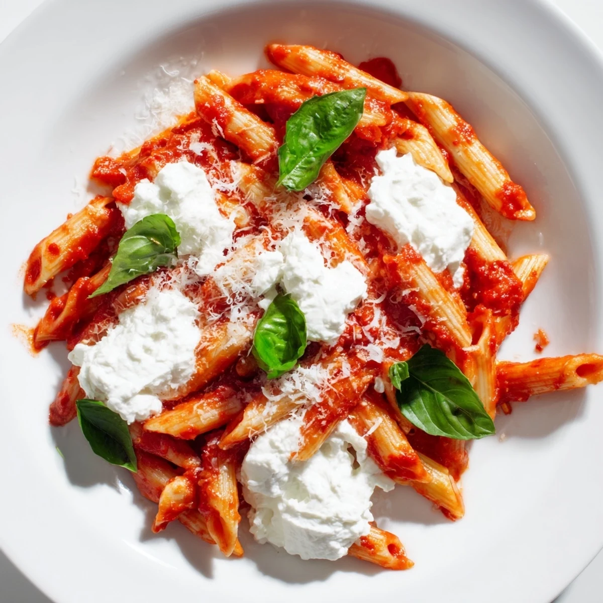 Creamy tomato garlic ricotta penne topped with fresh basil and Parmesan cheese