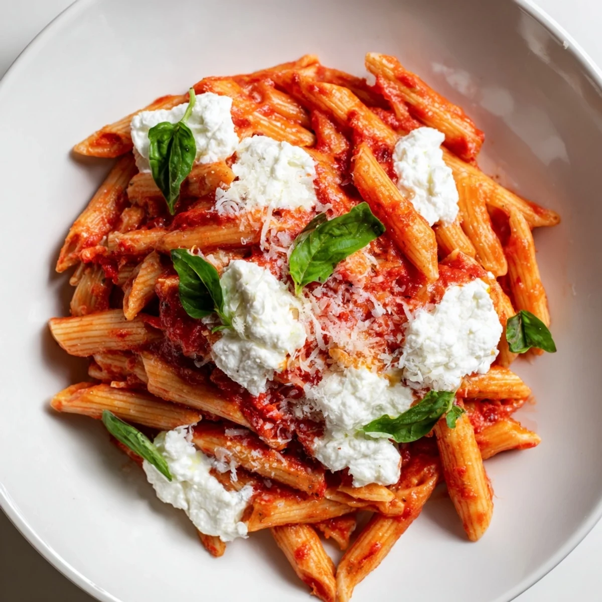 Warm tomato garlic ricotta penne served in a rustic bowl with basil garnish