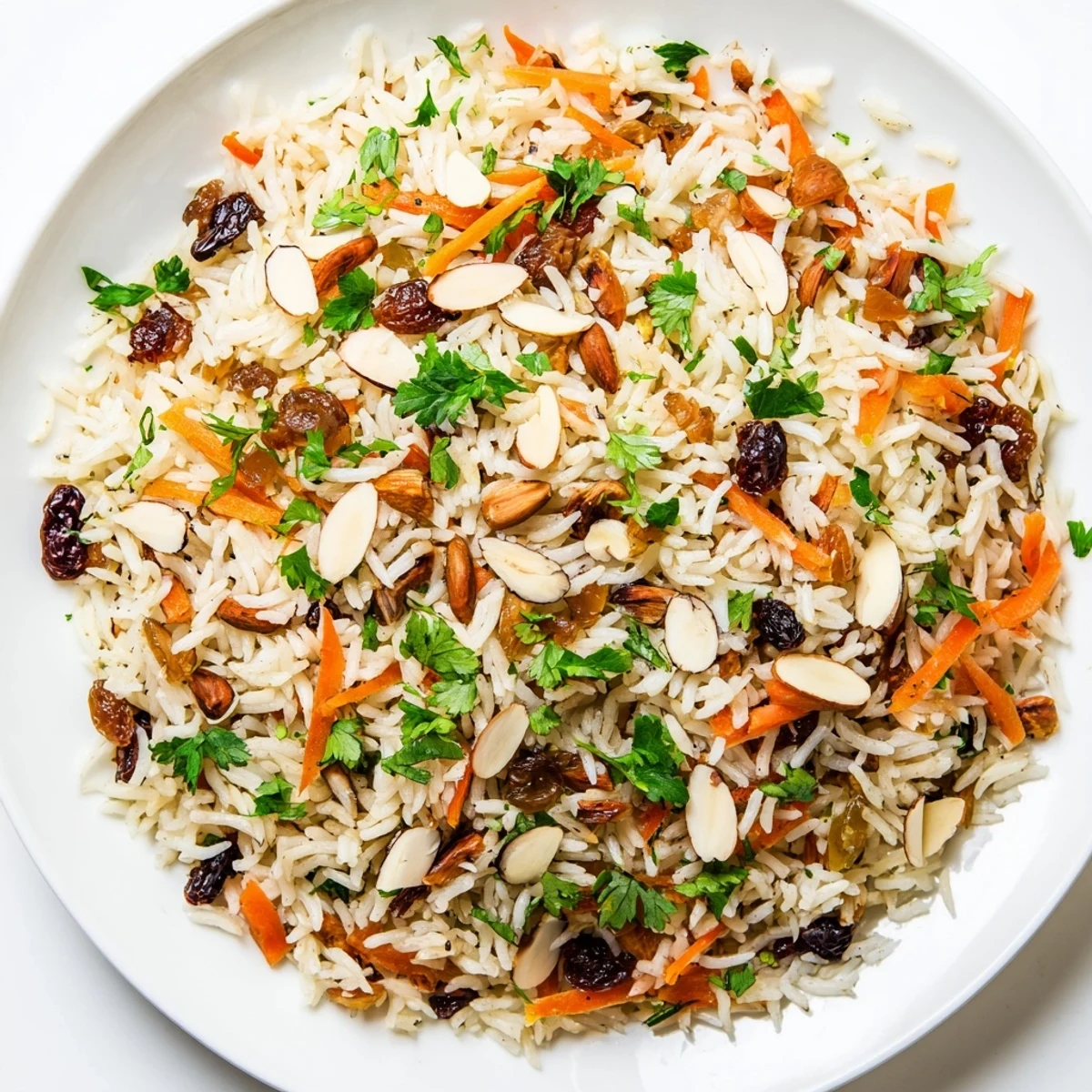Fragrant Afghan rice studded with warm spices and colorful carrot ribbons on a white plate.