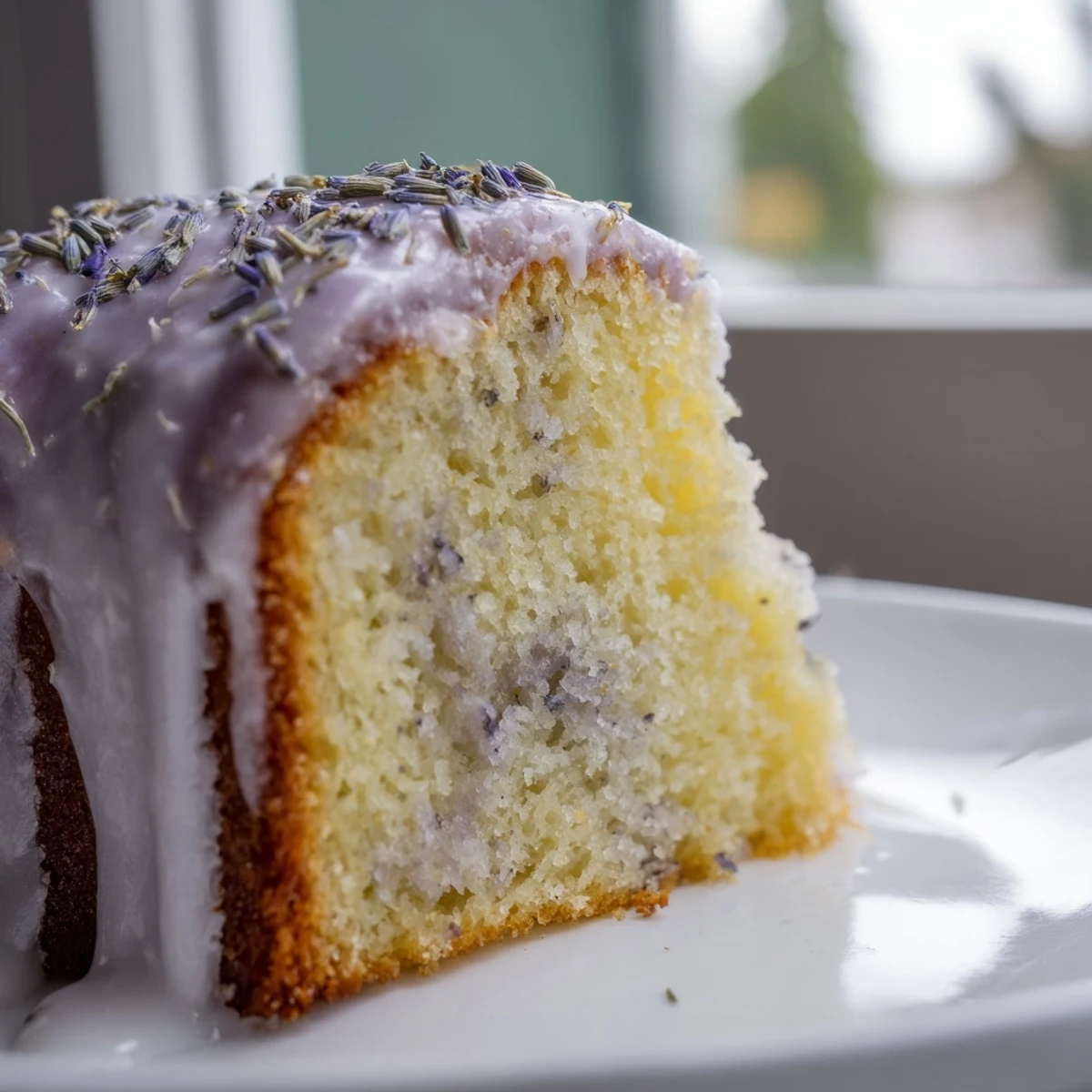 A slice of lavender cake with lemon glaze drizzled on top, garnished with purple buds