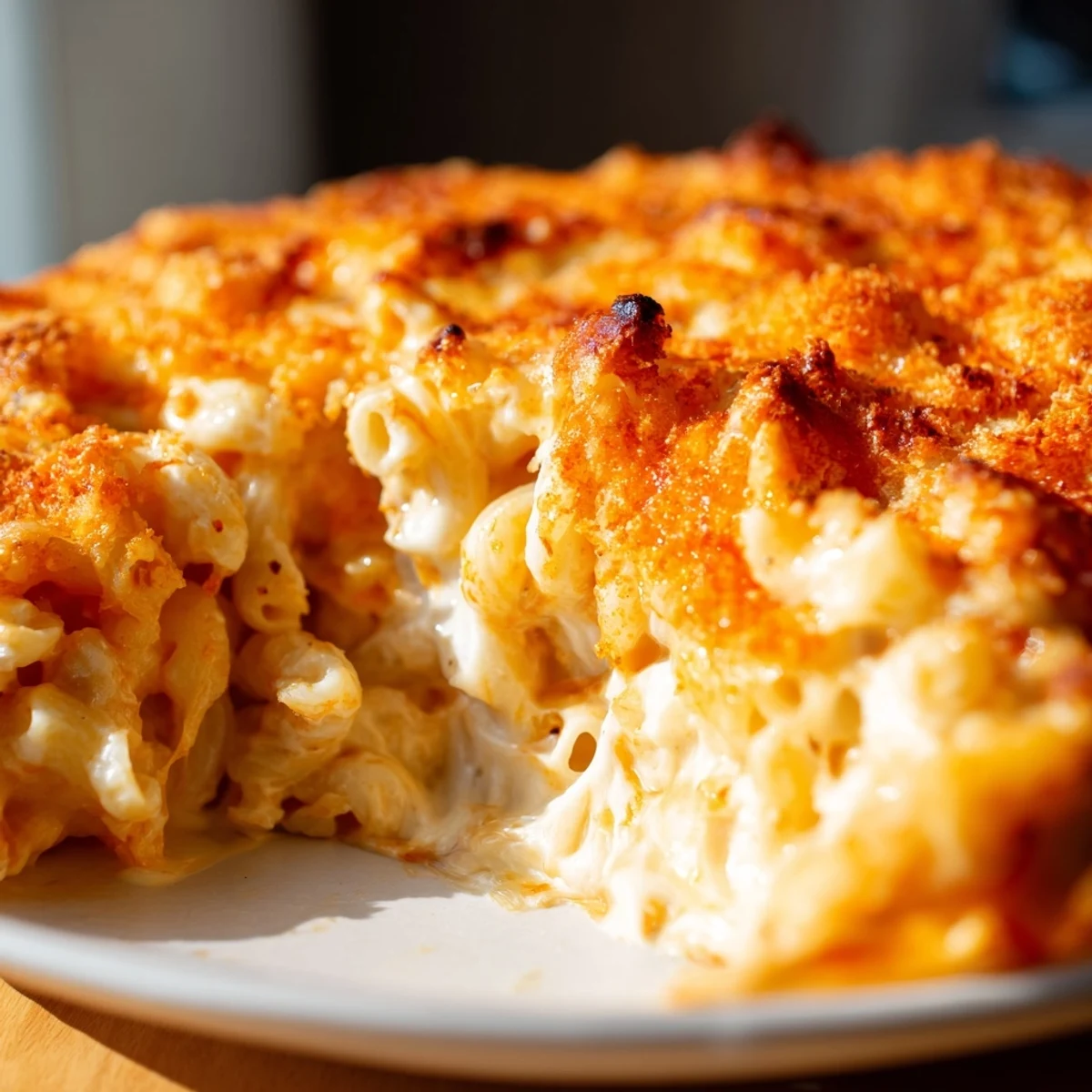 Golden bubbly three cheese baked macaroni with crispy panko topping in casserole dish