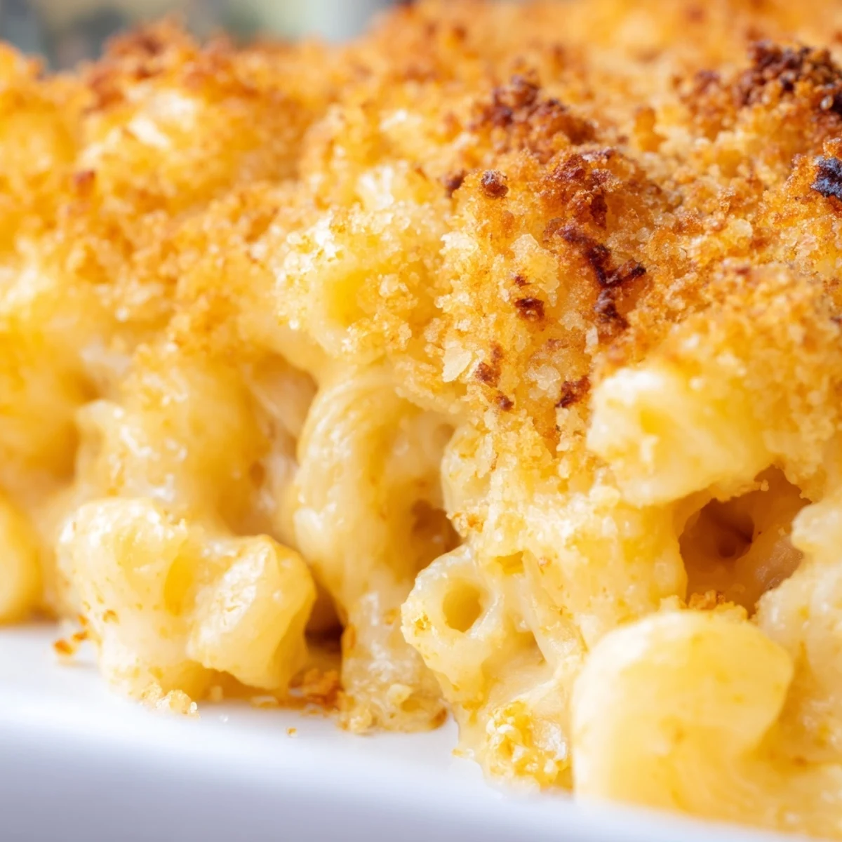 Creamy three cheese baked macaroni served steaming in white ceramic baking dish