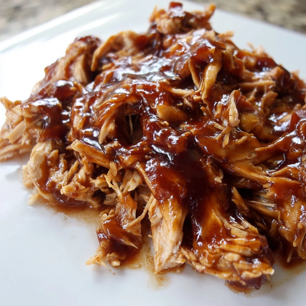 Tender Sweet Baby Ray's Crockpot Chicken glistening with rich barbecue sauce on a white plate