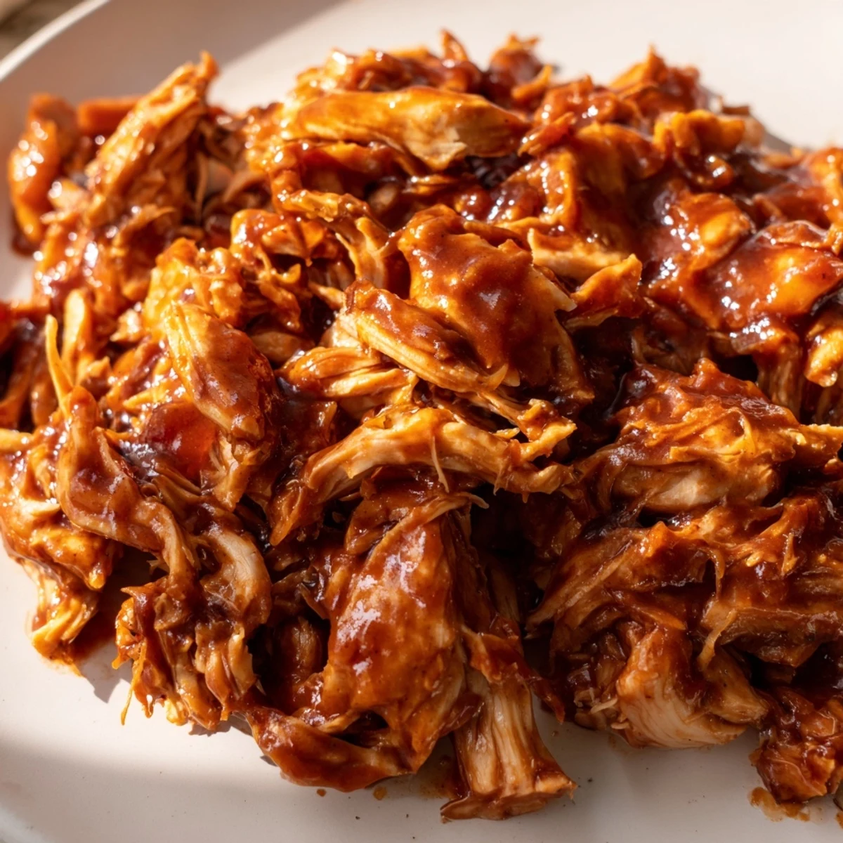 Savory Sweet Baby Ray's Crockpot Chicken shredded and coated in sticky, sweet tangy glaze