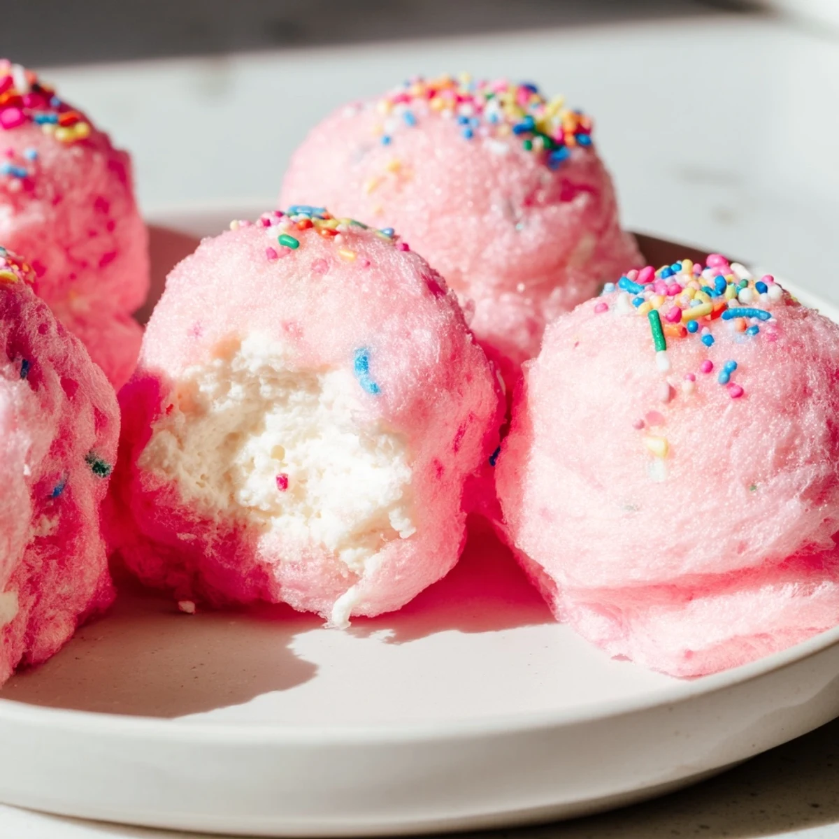 Pink cotton candy cheesecake puff balls garnished with colorful sprinkles on a decorative serving plate