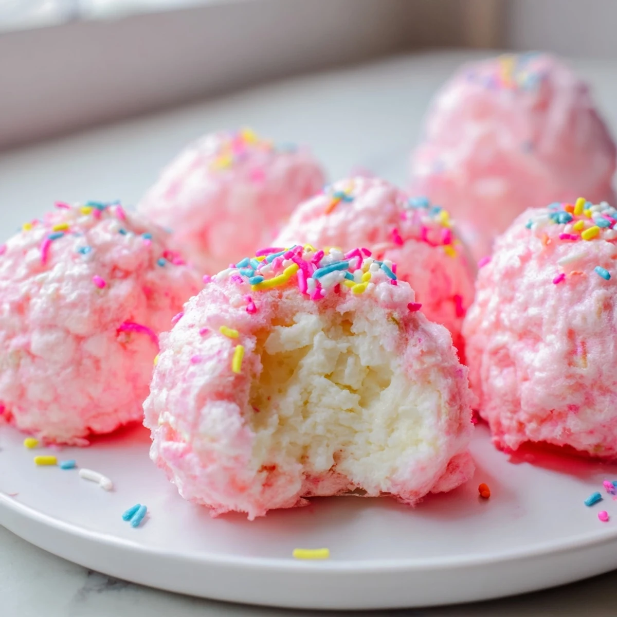 Creamy mini cheesecake balls wrapped in fluffy pastel cotton candy coating for parties