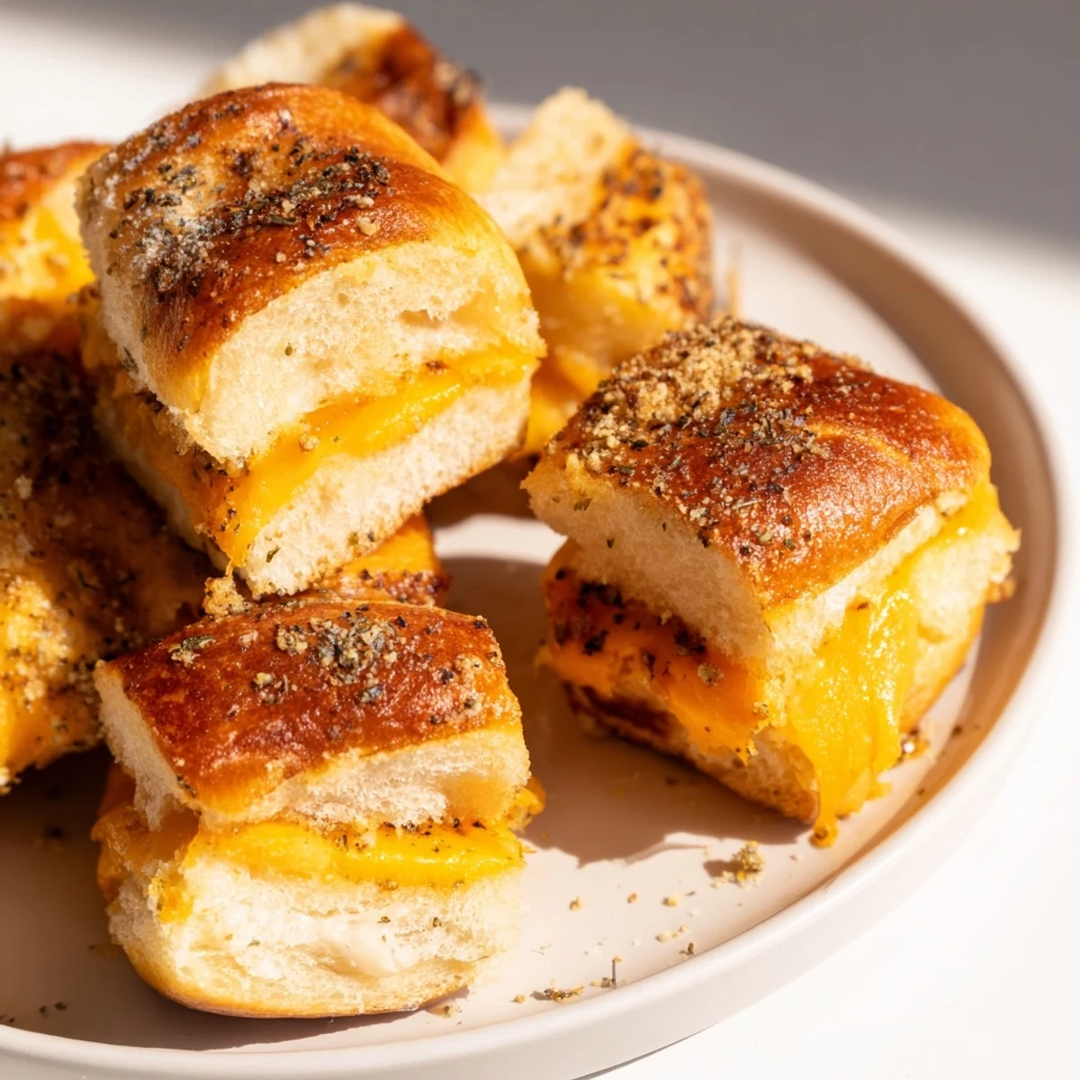 Golden mini grilled cheese Hawaiian rolls with melted cheddar oozing between sweet, buttery sliders